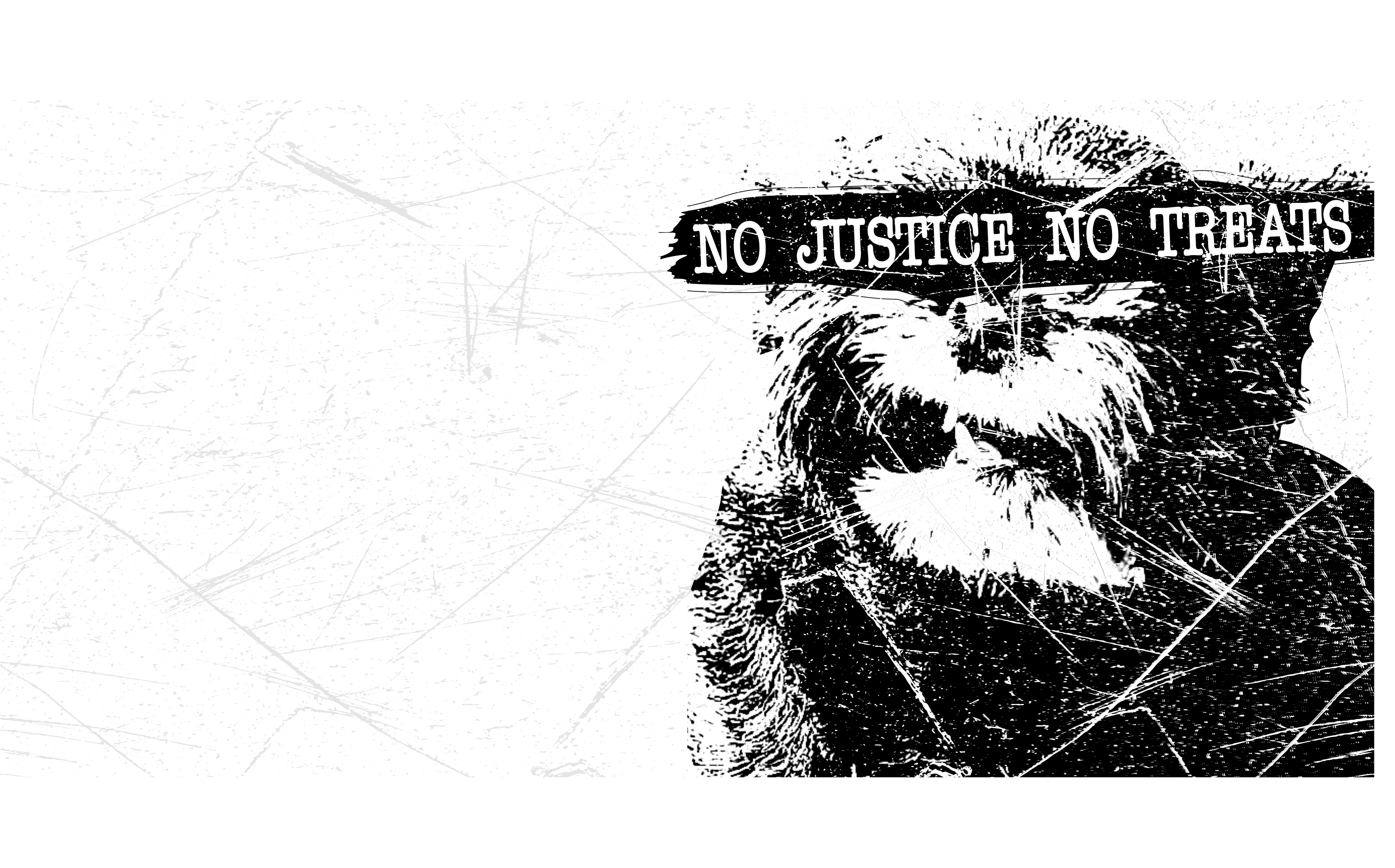 Dog with 'No Justice No Treats' banner on a white background